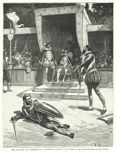 Duel between Guy Cabot de Jarnac and Francois de Vivonne, Seigneur de la Chataigneraie in front of King Henry II of France and all his court at St Germain-en-Laye by Fortune Louis Meaulle