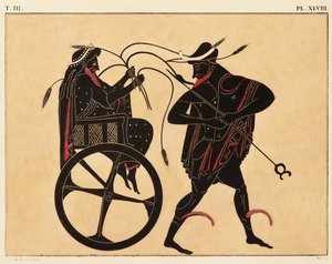 Print of the Decoration on a Greek Amphora, Showing Triptolemus and Hermes, c. 1858 by Fourquemin Fourquemin