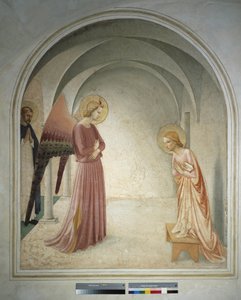 The Annunciation. Saint Peter Martyr Stands Behind the Archangel Gabriel Announcing to the Virgin Mary. Fresco by Guido di Pietro
