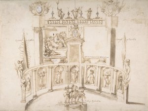Design for a Garden Fête with a Semi-circular Wall and Statues in Niches, ca. 1635-79 by Francesco Allegrini