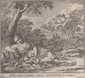 Latona and her sleeping twins, Apollo and Diana, within a landscape, 1705 by Francesco Antonio Meloni