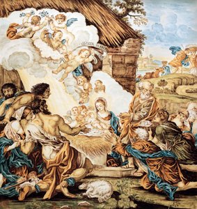 Crib, painted majolica plate, by Francesco Antonio Xaverio Grue, Abruzzo Castelli manufacture, Italy by Francesco Antonio Xaverio Grue