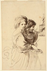Two Young Girls, One Holding a Cage by Francesco Bartolozzi