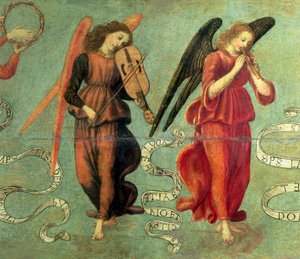 Angels playing the fiddle and pipe (detail)