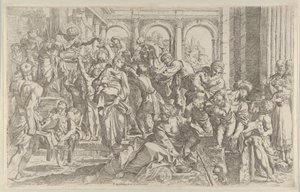 Saint Roch at left distributing alms to a group of people gathered around him, ca. 1590-1600