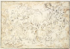Shepherds with Goats, Sheep, a Cow, and a Shepherd Dog by Francesco Castiglione