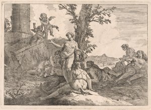 Six Nymphs and Two Cupids in a Landscape by Francesco Fontebasso
