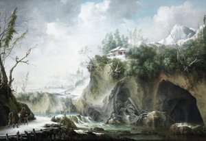 A River Landscape in Winter, with Travellers on a Snowy Path by Francesco Foschi