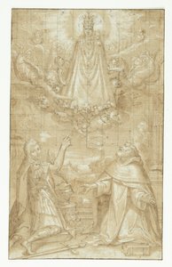 A Crowned Madonna with Child, Draped in a Cape and Heavy Chains, Appears in the Clouds, Surrounded by Angels and Cherubs, to Two Kneeling Saints; One a Soldier Martyr, the Other a Cleric (Hyacintus?). An Angel Hands a Belt or a Script by Francesco Francia