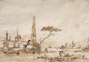 Capriccio beside a Venetian Lagoon with an Obelisk and Lion outside the Walls of a Fortified Town by Francesco Guardi