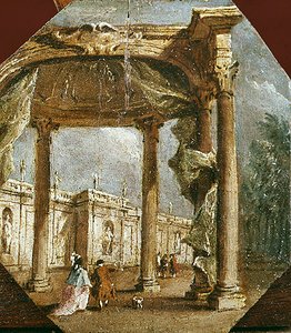 Capriccio of a Folly with an Elegant Couple and a Dog by Francesco Guardi
