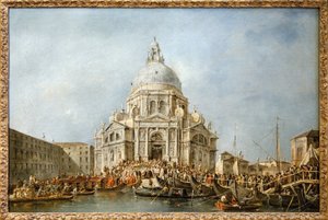 The Doge of Venice goes to the Salute of Venice, Every year on 21 November the Doge went to the Basilica of Santa Maria della Salute, edified in thanksgiving for the end of the plague of 1630, in order to thank the Virgin for this deliverance, a boat bridg