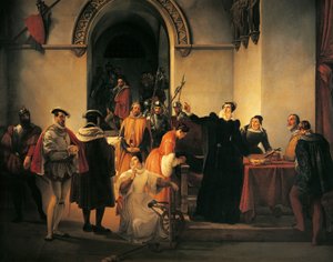 Mary Queen of Scots protesting her innocence before sheriffs as her death sentence is read out