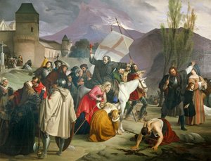 Peter Hermit riding white mule with crucifix in his hand and circulating through cities and villages preaching Crusade by Francesco Hayez