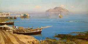 Marina with Boat and Fishermen by Francesco Lojacono