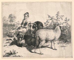 A Young Shepherd Girl Watching Over Sheep by Francesco Londonio
