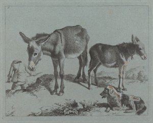 Donkey with her Foal, a Dog, and a Peasant Man