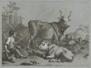 Shepherd Boy with Two Oxen and Three Sheep (series title: Shepherd Scenes)