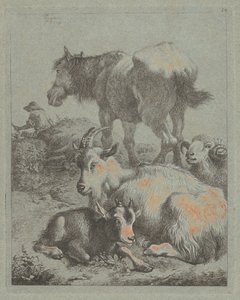 Horse, Ram, Goat with Kid; In the Distance a Shepherd with Flock by Francesco Londonio