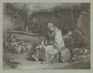 Interior of a Stable with a Seated Spinner and Sleeping Child by Francesco Londonio