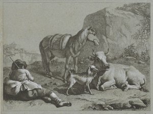 Reclining Shepherd with Horse, Cow, and Dog (series title: Shepherd Scenes) by Francesco Londonio