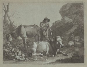 Shepherd Resting on a Walking Stick with an Old Horse and a Reclining Bull by Francesco Londonio