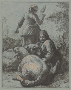 Woman Spinner and a Shepherd with Flock by Francesco Londonio