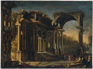 Capriccio with Roman Ruins and Christ with the Woman Taken in Adultery by Francesco Maglioli