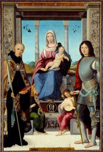 The Virgin and Child Surrounded by Saint Benedict of Nursie and Saint Quentin with Two Angels by Francesco Marmitta