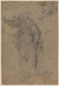 Heavily Draped, Standing Woman Turned to the Right and Looking Down with Her Right Arm Stretched Out, and a Sketch for a Head