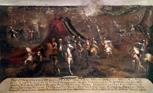 War of Candia (Crete): battle between the Venetian fleet of Francesco Morosini (1619-1694) and the Turkish fleet fleeing in 1650. Painting by Francesco Monti by Francesco Monti