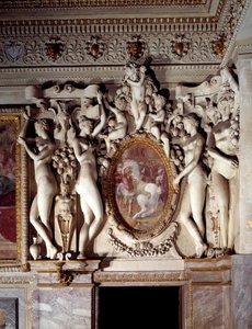 Architecture: Detail of the Room of Anne de Pisseleu Duchess of Etampes (1508-1580), Favorite of Francois I, at the Castle of Fontainebleau Known as the King
