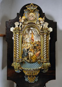 Large Holy Water Font in Painted Majolica with Central Scene from Painting Adoration of the Magi by Francesco Solimena by Francesco Solimena