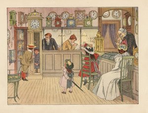Victorian Family at the Watchmakers. Children Playing in a Grandfather Clock, While a Clerk Fixes a Watch