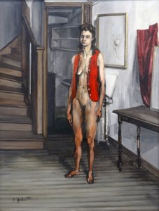 Female Nude in a Red Cardigan