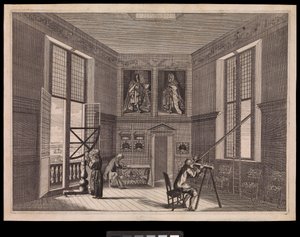 Three figures using astronomical equipment in the Great Star Room or the Octagon Room, as it is known today, at the Royal Observatory., c.1676 by Francis Place