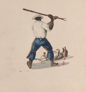 A man viewed from behind beating a dog with a stick, ca. 1848