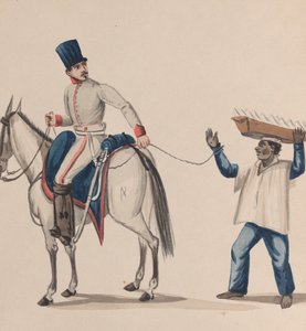 A Soldier on Horseback Holding a Rope that Secures an Indigenous Slave Balancing a Plate