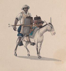 A watercarrier riding a donkey, from a group of drawings depicting Peruvian costume, ca. 1848