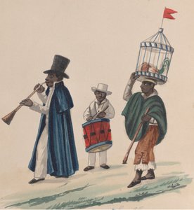 Two Musicians and a Man Carrying on His Head a Rooster in Cage by Francisco