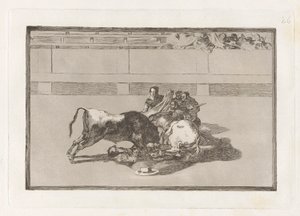 A Picador is Unhorsed and Falls Under the Bull, Plate 26 from La Tauromaquia