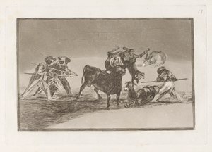The Moors Use Donkeys as a Barrier to Defend Themselves Against the Bull Whose Horns Have Been Tipped with Balls, Plate 17 from La tauromaquia