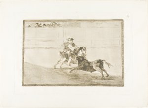 A Spanish mounted knight in the ring breaking short spears without the help of assistants, plate 13 from The Art of Bullfighting