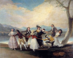 Colin Maillard (Colin-Maillard) the game of the blind hen. Young people dance round around the one who has striped eyes. Painting by Francisco De Goya (1746-1828)