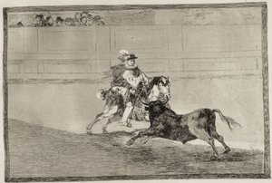 A Spanish mounted knight in the ring breaking short spears without the help of assistants