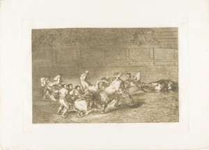 Two teams of picadors thrown one after the other by a single bull, plate 32 from The Art of Bullfighting by Francisco Jose de Goya y Lucientes