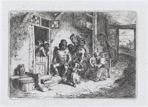 Two Figures Dancing, Another Seated Playing a Drum, from the Series of Customs
