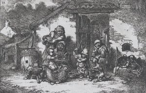 Plate 19: a family and a boy playing with a dog outside a house, from the series of customs, 1850 by Francisco Lameyer Berenguer