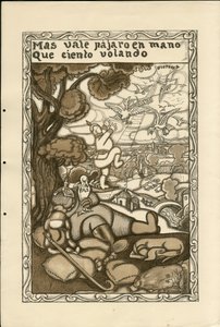 Illustration of Francisco Sancha Lengo - Flying leaf, ca. 1915 - Mas vale pajaro en mano que ciento volando - War of 14-18, Germany Prussia, Belligerents and symbols, Victory, Peace, Spanish language, Foreign press