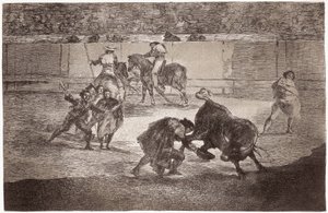 Bullfighting: a bullfighter enters the arena to kill the bull with a hat instead of the muleta